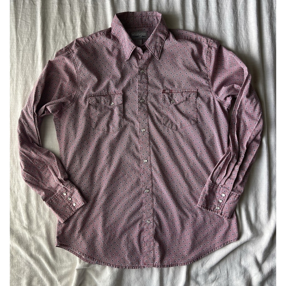 Vintage Wrangler Wrancher Pearl Snap Western Shirt Red Geometric Men's Size L?